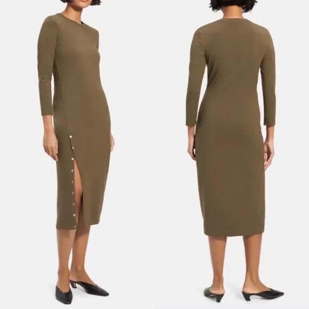 Theory Button-Hem Long-Sleeve MIDI Dress Dark Green 45267
